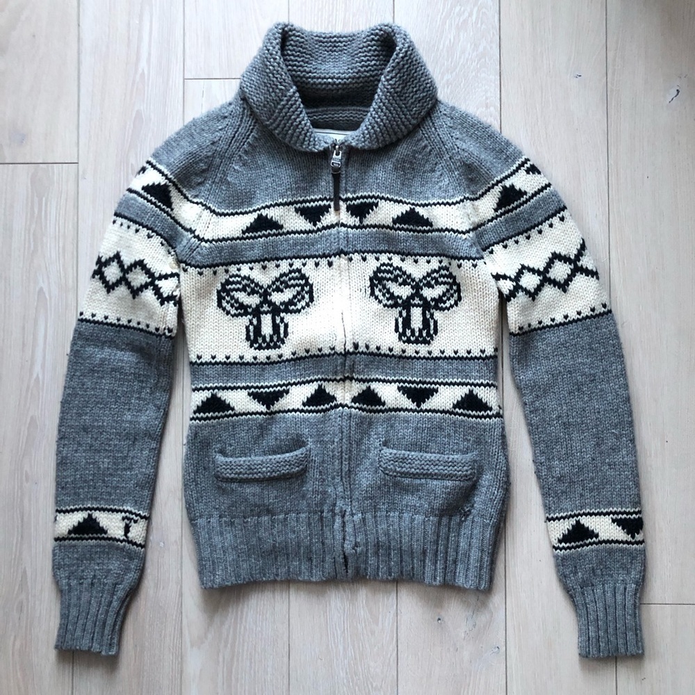 Aritzia TNA Sea To Sky Lambswool Chunky Knit Zip Sweater Medium Nordic Fair Isle - Picture 2 of 14